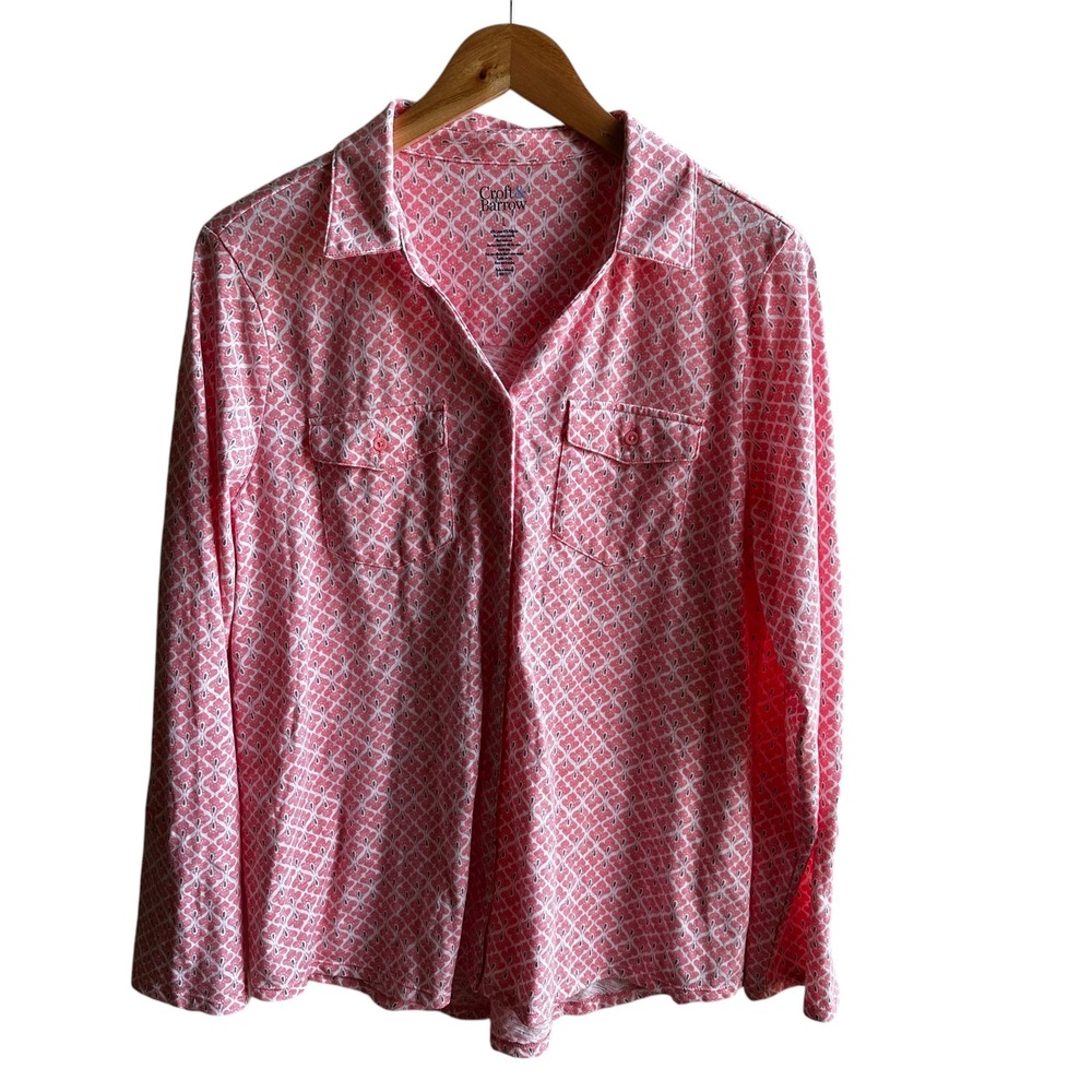 Croft & Barrow Top Coral Button Down Shirt Long Sleeve Pink Print Large NWOT